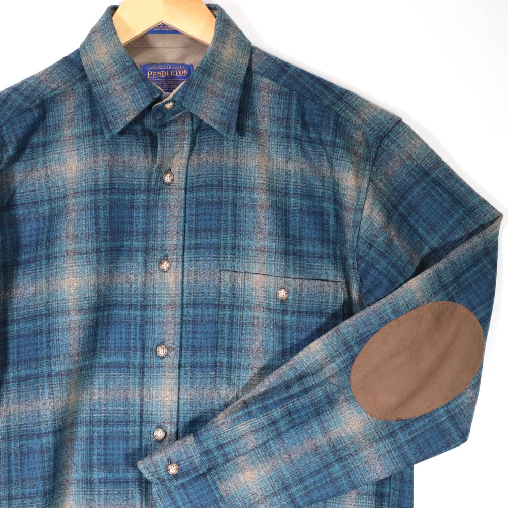 Pendleton Trail Shirt Mens  S Blue Plaid Wool Elbow Patches Button Up Flannel⁠